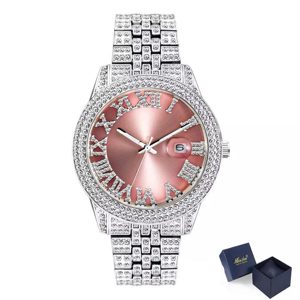 NEW Silver & Pink Iced Out Bling Hip Hop Watch. Unisex. Adjustable Band. Flashy
